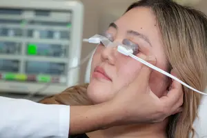 A woman is lying on a bed with a machine on her face and a person holding a white stick on her eyes.