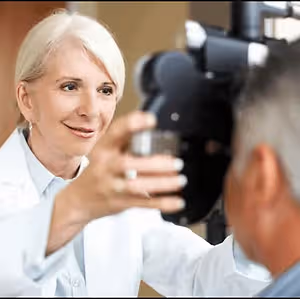 An optometrist is examining a patient's eye with a magnifying glass