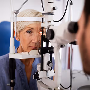 An older woman is using an ophthalmoscope in an eye clinic while another person watches.