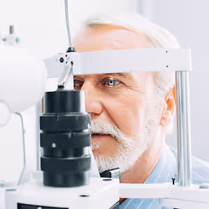 An older man with white hair and a beard is looking through an eye examination machine.
