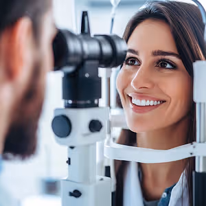 A woman is getting her eyes checked by a doctor wearing a white coat.