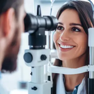 A woman smiles as she looks into an ophthalmoscope while a man looks on in a medical setting.