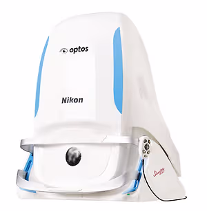 Nikon Optos Ultra-Widefield Retinal Imaging System with Blue Accents on a White Background