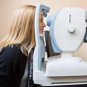 A woman is getting her eyes checked with a machine in an eye clinic.