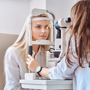 A woman is getting her eyes checked by an optometrist at the clinic.