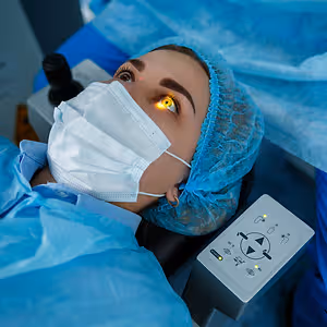 woman with yellow eye reflections in a hospital room