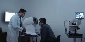A man is having his eyes checked by a doctor using a machine.