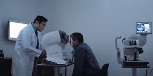 A doctor is examining a patient's eyes with a machine in an eye clinic.