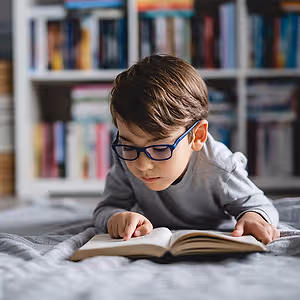 A young boy is reading a book on a bed while wearing glasses.