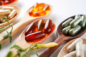A collection of herbal supplements in wooden spoons with various colors and types of pills, including red, yellow, green, and white capsules, and a plant with leaves on the left side.