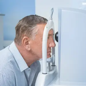 An older man is examining his eye with an eye-examination machine