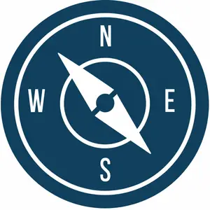 A circular blue icon with a compass inside, pointing to the North, South, East, and West directions