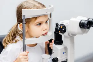 A young girl is getting her eyes checked by a doctor in a medical room