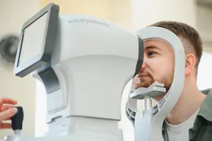 A man is getting his eye tested with a machine in a room