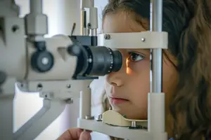 A young girl is looking through a microscope in an eye clinic