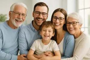 Portrait of a family with two adults, a woman, a man, and a child all smiling at the camera.