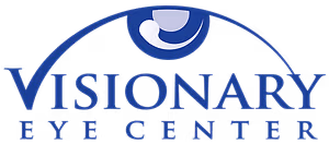 Visionary Eye Center logo features a blue eye icon with a white smiley face inside and the words 'Visionary Eye Center' written in blue on a black background