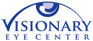 Visionary Eye Center logo features a blue eye icon with a white smiley face inside and the words 'Visionary Eye Center' written in blue on a black background