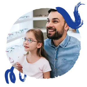 A man and a little girl in a store with glasses on the wall behind them