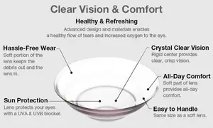 Clear Vision & Comfort, Healthy & Refreshing, Hassle-Free Wear, Crystal Clear Vision, Soft portion of the lens keeps the debris out and the lens in, All-Day Comfort, Soft part of lens provides all-day comfort, Sun Protection, Lens protects your eyes with a UVA & UVB blocker, Easy to Handle, Same size as a soft lens.