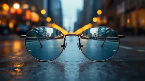 A pair of sunglasses reflecting a blurry city street at night