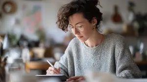 Woman with glasses and a gray sweater sitting at a desk writing on a tablet with a pen