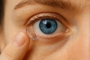 A person placing a contact lens into their blue eye, with a finger touching the lens