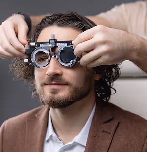 Man with curly hair getting his eyes checked by an optometrist using a lens meter