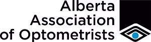 Alberta Association of Optometrists logo with a white background and black and blue eye icon