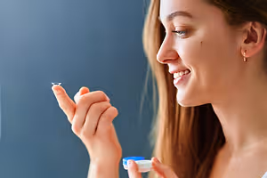 Woman examining a contact lens while holding a contact lens case