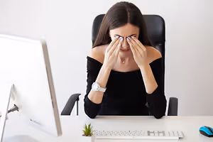 A woman sitting at a desk with a computer monitor covering her eyes with her hands.