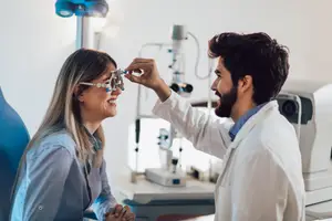 A woman having her eyes checked by a man in a lab coat