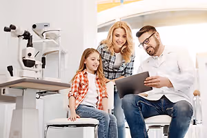 A young girl is sitting on a chair, smiling and looking at a man and a woman who are holding a tablet and looking at it. The man is wearing glasses and a white lab coat. Behind them is a white machine with a black handle, probably a microscope, and a glass bottle on a table.