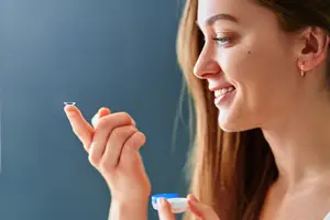 Smiling woman preparing to insert a contact lens while holding a case.