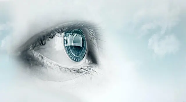 close up of an eye with a futuristic iris design