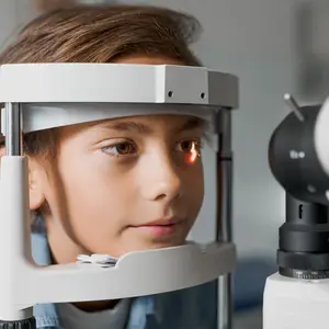 A young boy with brown hair is looking at an optometrist's eye exam machine.