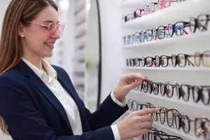 A woman in a blue blazer examines a collection of eyeglasses on a display