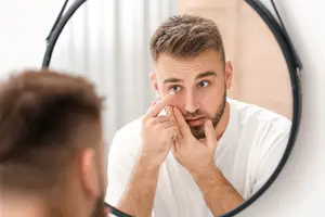Man looking at his face in a mirror and touching his eye.