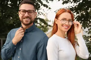 A man and a woman wearing glasses are standing in front of a green tree.