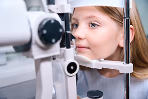 A young girl with blonde hair is looking into an ophthalmoscope device, possibly for an eye examination.