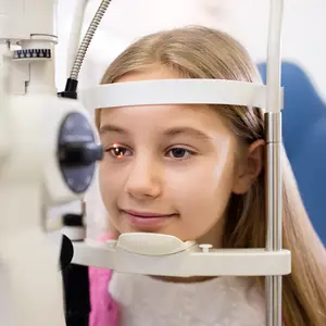 A young girl with blonde hair is having her eye examined by an eye doctor.