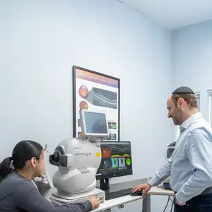 A woman undergoing an eye exam by Dr. A. Tzvi Gottesman
