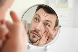 man looking in mirror to insert a contact lens into his eye