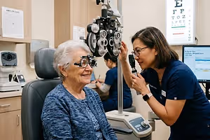 Optometrist performing an eye examination on an elderly woman using a phoropter