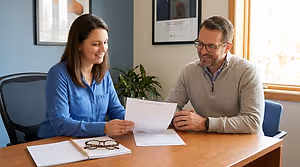 Optometry staff member discussing paperwork with a man wearing glasses at a desk