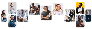 A collection of images featuring people engaged in various activities, including holding phones, wearing glasses, and painting. Some are smiling, while others are focused on their tasks. The images showcase a mix of indoor and outdoor settings, with some individuals standing, sitting, or riding bicycles.