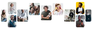 A collection of images featuring people engaged in various activities, including holding phones, wearing glasses, and painting. Some are smiling, while others are focused on their tasks. The images showcase a mix of indoor and outdoor settings, with some individuals standing, sitting, or riding bicycles.