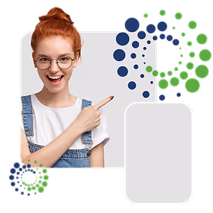 young woman pointing at an image with bubbles and circles