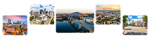 A collection of four images showcasing different urban landscapes, including a cityscape with a river, a bridge, a sunset over a city, and a city street at dusk