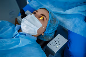 woman in blue gown and face mask getting eye surgery